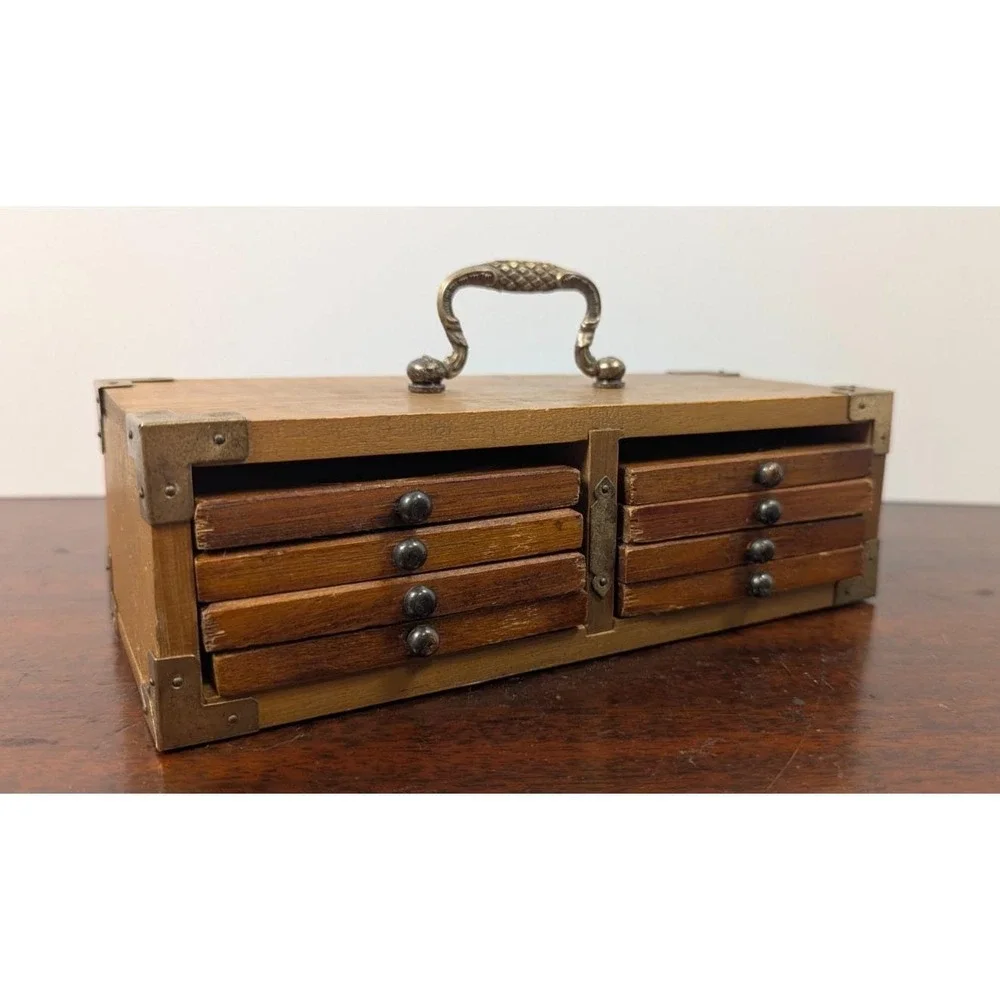 Vintage 1970s Wood Cork Coaster Set of 8 Drawer Chest Brass Handle MCM